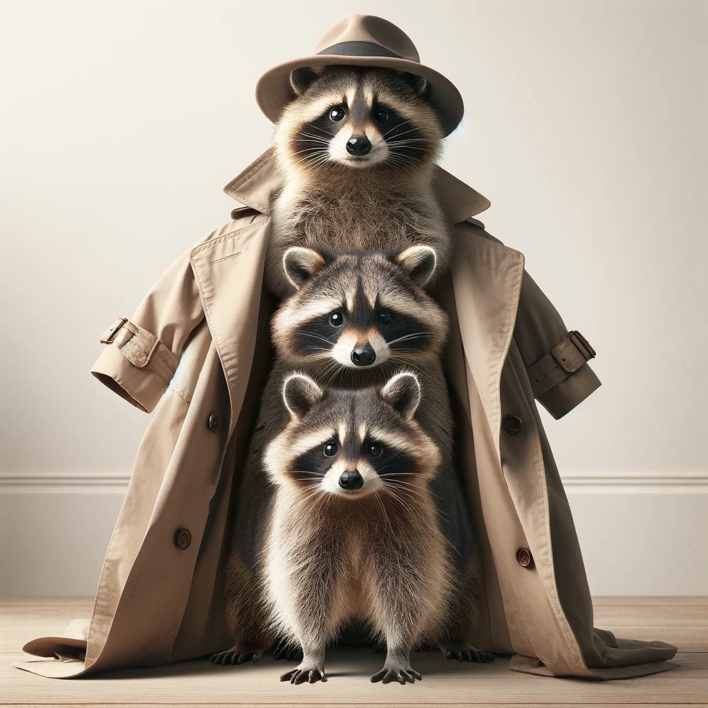 Three raccoons stacked atop each other, in a trench coat, with a fedora on top.